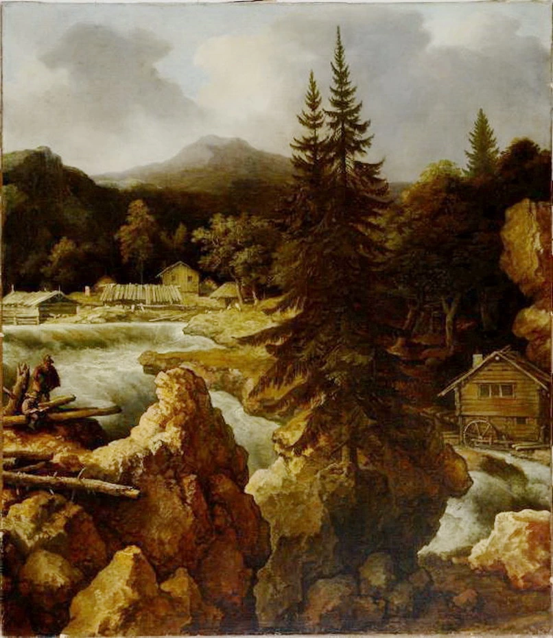Paesaggio scandinavo con cascata e mulino ad acqua